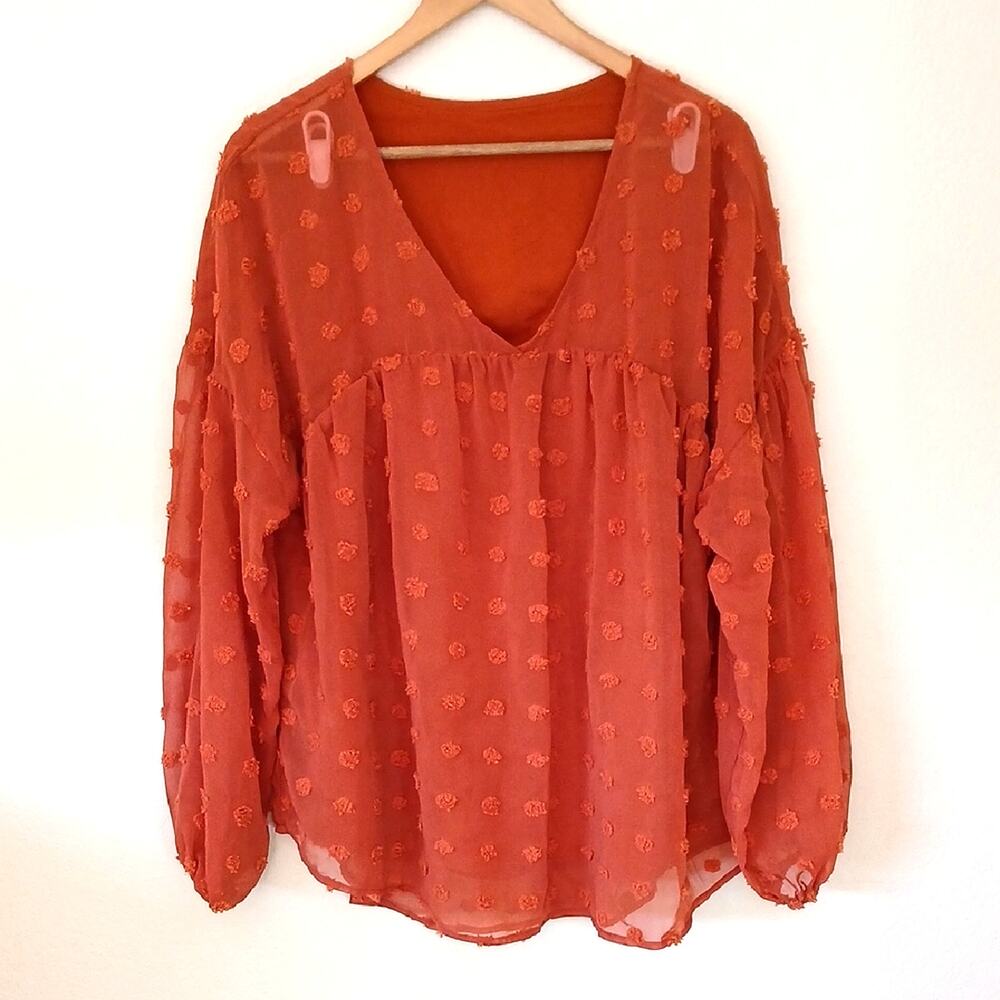 Burnt Orange Swiss Dot Chiffon Blouse Balloon Sleeves